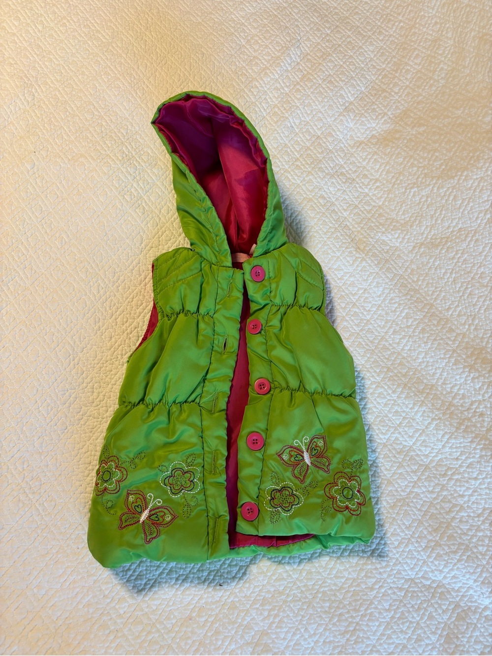 Kids Headquarters Green & Pink Hooded Puffer Vest with Embroidery